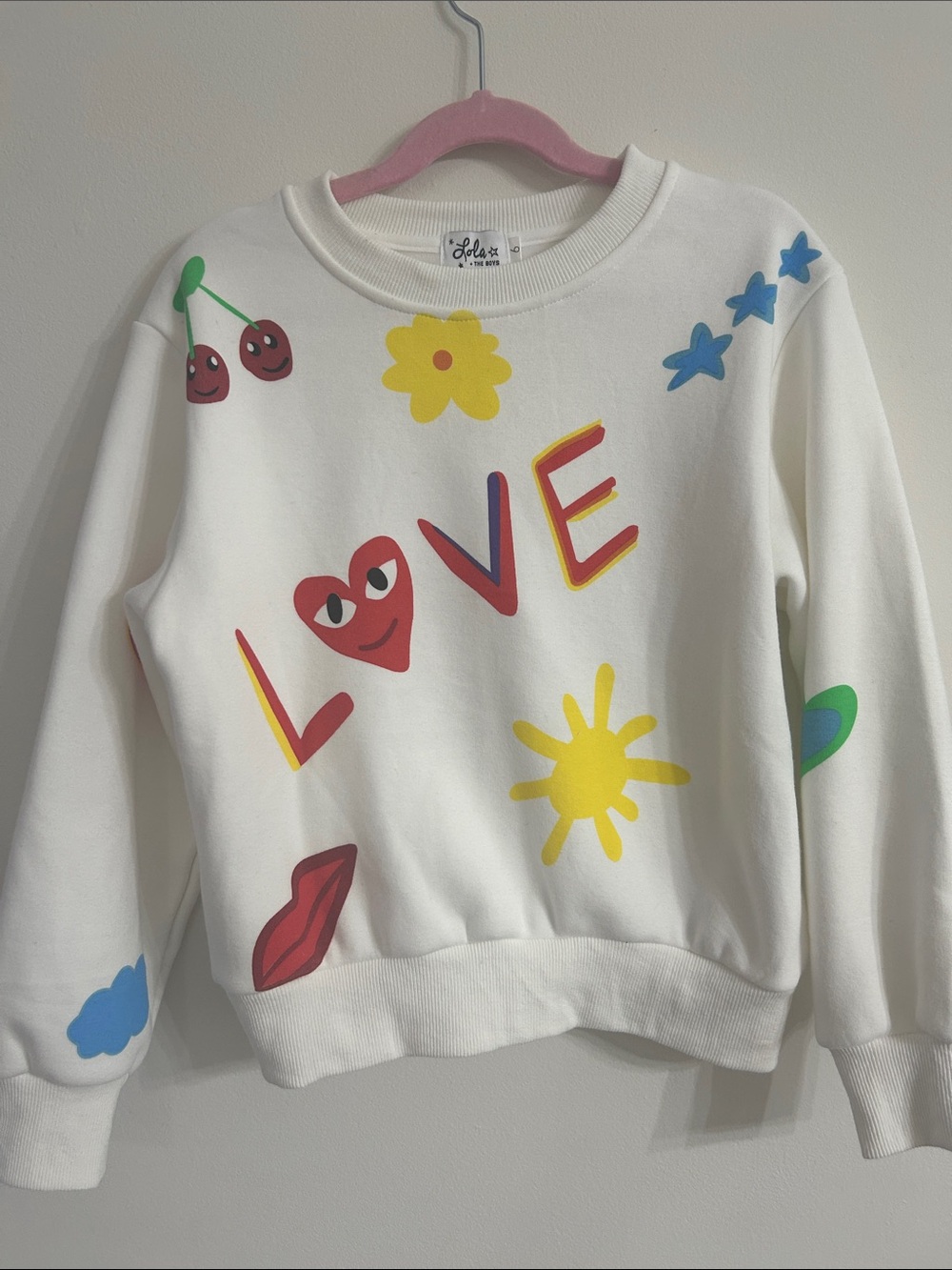 White Graphic LOVE Sweatshirt and Sweatpants Set with Colorful Icons